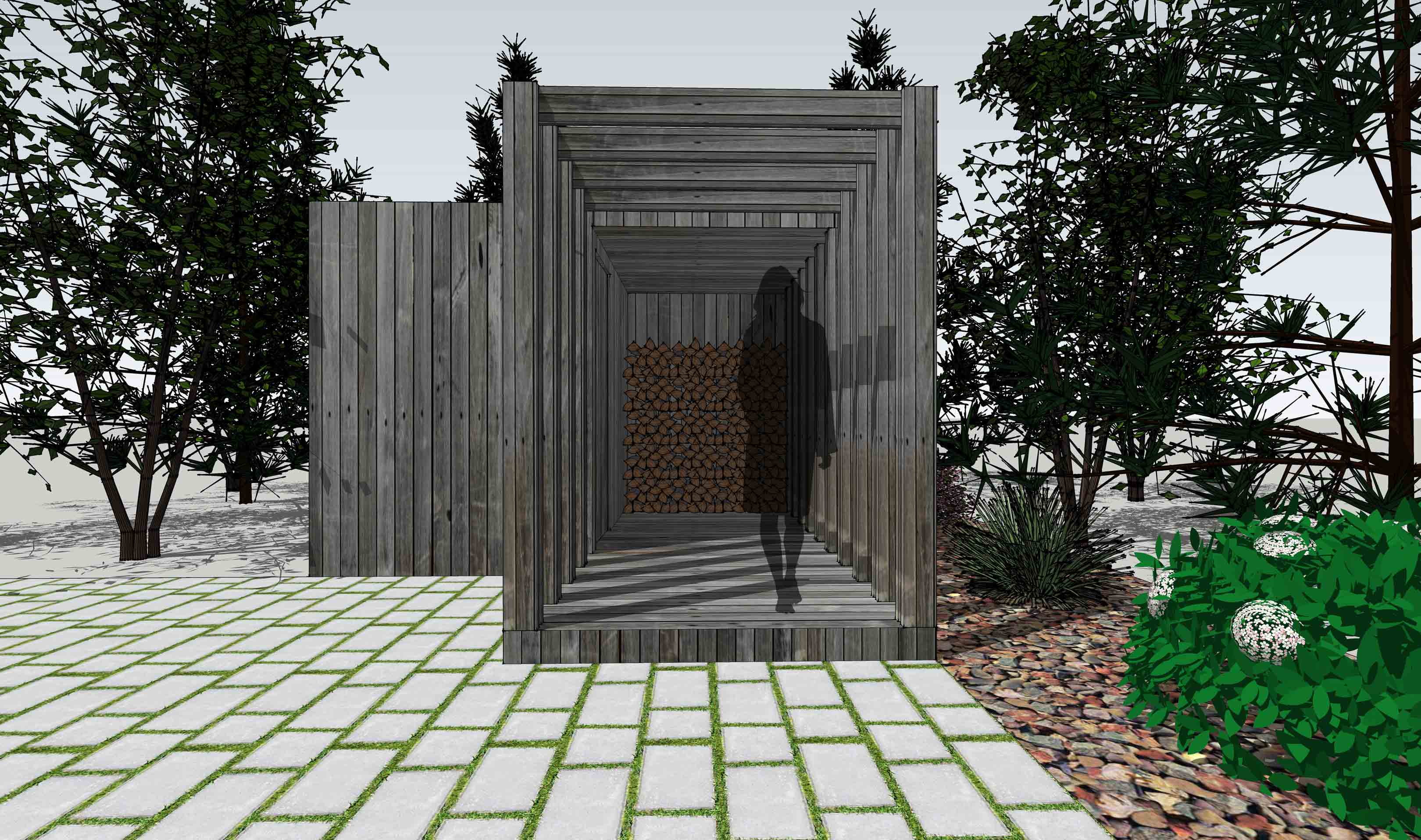 Perspective rendering of the front elevation of Sauna 01