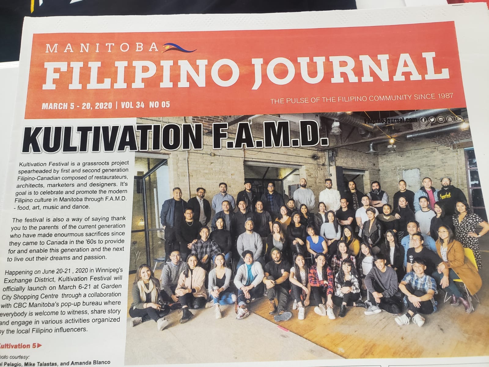 Cover of Filipino Journal showing Kultivation Festival committee at the Forks Market in Winnipeg Manitoba